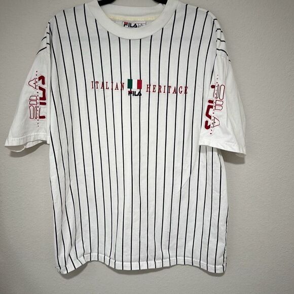 Fila Mens White Italian Heritage Pin Stripe Short Sleeve T-Shirt Size Large - Picture 1 of 6